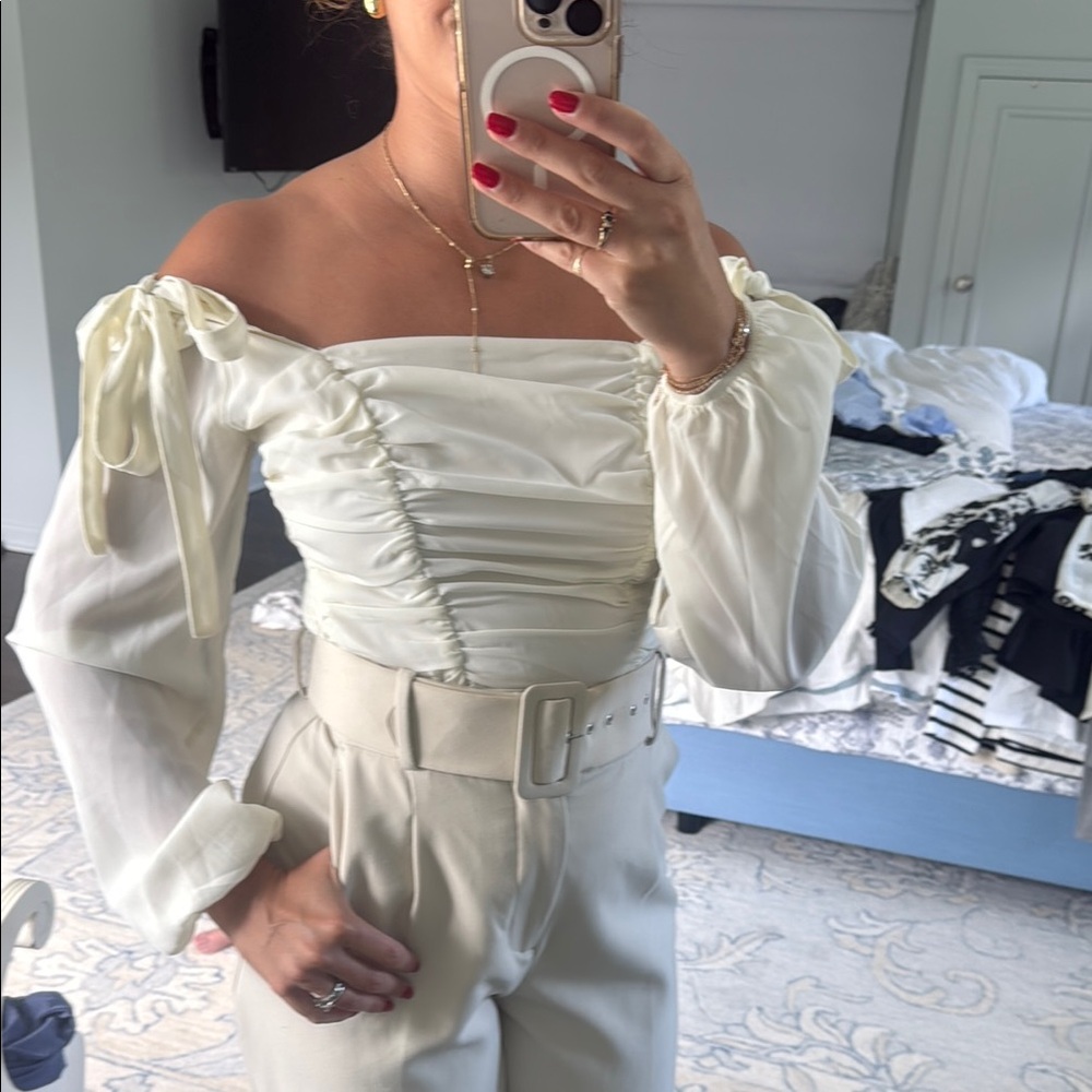 Forever 21 Cream Off-Shoulder Crop Top